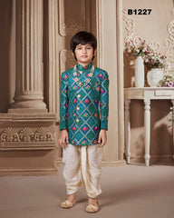 B1227 - Peacock Blue Patola style Sherwani Dhoti set