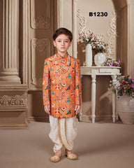 B1230 - Orange Patola Printed Sherwani Dhoti Set.