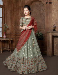 G1407 - GORGEOUS SAGE GREEN KALAMKARI PRINTED GEORGETTE LEHENGA SET