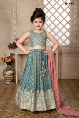 G1411 - PEACOCK GREEN TISSUE LEHENGA SET