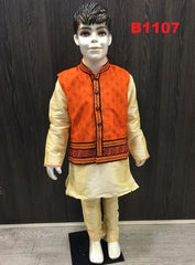 B1107 - Boys Printed Orange beige silk waist coat set