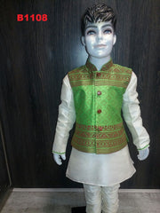 B1108 - Boys Printed Green pearl white silk waist coat set