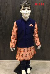 B1110 - Boys Plain blue waist coat with a silk floral design Kurta set