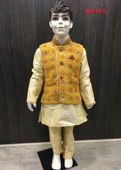 B1111 - Boys Mustard Yellow Brocade silk waist coat set