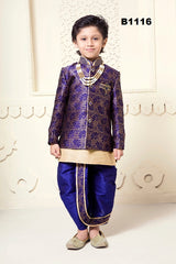 B1116 - Boys Royal blue Silk Jacket-Kurta Pyjama and Dhoti Set