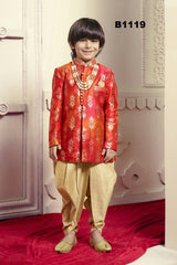 B1119 - Boys Gold Printed Red Kurta Suit
