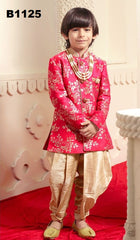 B1125 - Boys Tomato Red Floral Indo-western Kurta Pajama Suit