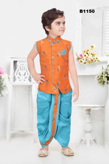 B1150 - Light blue and Orange Sleeveless Kurta Dhoti set