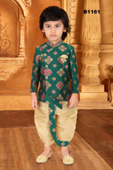 B1161 - Asymmetric Cut Green Brocade Silk Kurta Paired with a Gold Dhoti