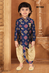 B1162 - Asymmetric Cut Royal Blue Brocade Silk Kurta Paired with a Gold Dhoti