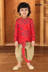 B1167 - Asymmetric Cut Boys Red Brocade Sherwani pared with Gold Dhoti