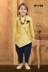 B1168 - Asymmetric Cut Floral brocade Yellow Silk Indowestern Sherwani Set with traditional Navy Blue Dhoti
