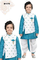 B1170 - Copper sulphate hued Kurta paired with a White Dhoti and Embroidered floral butti Sleveless Jacket