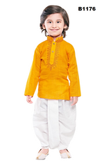 B1176 - Turmeric yellow Cotton Kurta set paired with white Dhoti