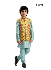B1179 - Boys Floral printed waist coat set with light blue kurta pajama