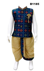 B1185 - Checkered weave Royal Bluebrocade sleveless Kurta Dhoti Set