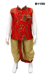 B1190 - Bright Red benarasi silk sleveless Kurta Dhoti set