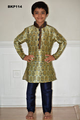 BKP114 - Raw silk Green block print Kurta Pajama set