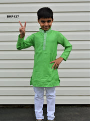 BKP127 - Parrot Green Cotton Kurta Pajama set w/ Embroidery