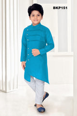 BKP151 - SkyBlue asymmetric cut button down soft rayon Kurta Pajama set