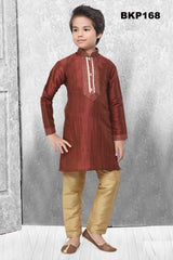 BKP168 - Rawsilk Maroon Kurta Pajama set with a apatterened neck line