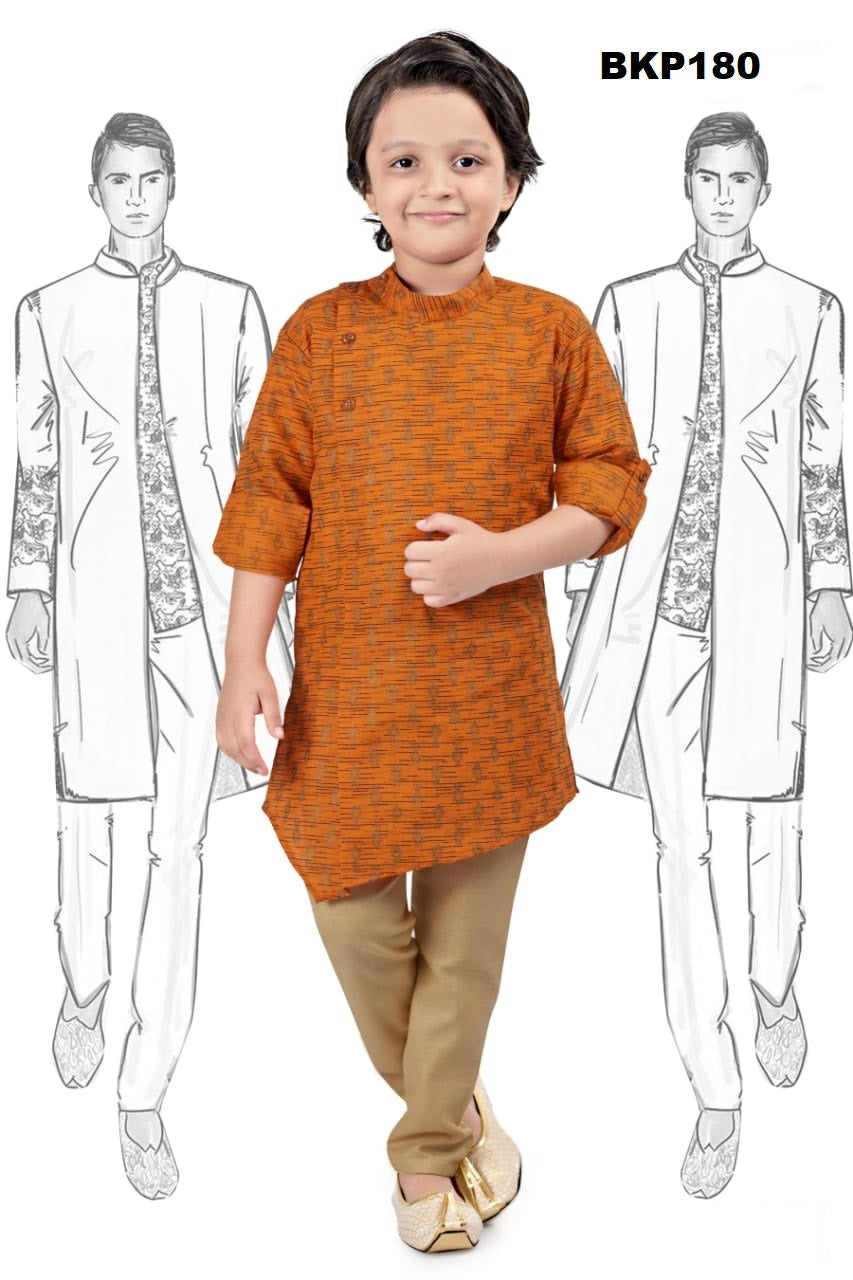 BKP180 - Shoulder open asymmetric cut gold printed Orange Kurta pajama set