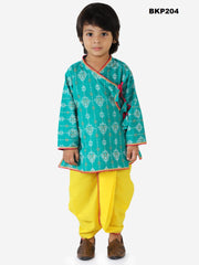 BKP204 - Boys Pure Cotton Teal Angrakha Kurta w/ Yellow Dhoti