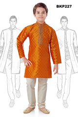 BKP227 - Orange artsilk kurta pajama set with embroidery around the neckline