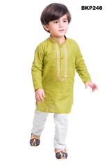 BKP248 - Solid light green cotton kurta pajama set with thread embroidery around the neck