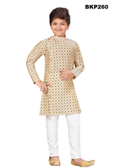 BKP260 - Printed beige Silk Kurta pajama set with shoulder side button