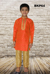 BKP64 - Boys Orange buti Printex silk party wear Kurta Pajama set