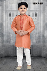 BKP85 - Boys embroidered Peach raw silk Kurta Pajama set