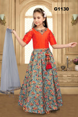 G1130 - Floral Digital print Lehenga with orange croptop for girls