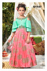 G1147 - Mint Green hue and pink satin silk long Gown