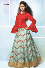 G1173 - Red and teal embroidered Silk Girls Lehenga Choli