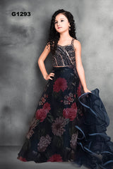 G1293 - Navyblue Floral Organza Lehenga