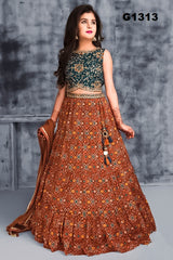 G1313 - peacock blue and brick orange georgette Girls Lehenga Choli