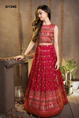 G1340 - Bright red benarasi bandhini embroidered Lehenga Choli set