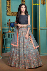 G1343 - Navyblue and Gray Hued allover thread embroidered Georgette Lehenga Choli set
