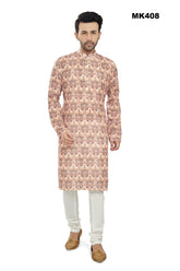 MK408 - Ikkat Printed Beige cotton Kurta pajama set