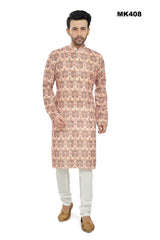 MK408 - Ikkat Printed Beige cotton Kurta pajama set