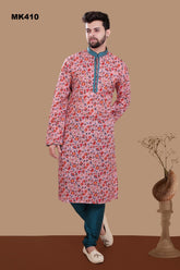 MK410 - Peach and peacock blue Pashmina printed cotton Kurta pajama set