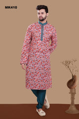 MK410 - Peach and peacock blue Pashmina printed cotton Kurta pajama set
