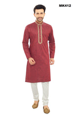 MK412 - Maroon cotton Kurta pajama set with embroidery around the neck