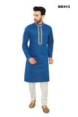 MK413 - Royal Blue cotton Kurta pajama set with embroidery around the neck