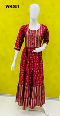 WK531 - Maroon rayon printed long frilled Kurti