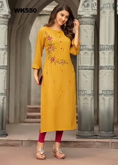 WK550 - Yellow Rayon Kurti with thread embroidery