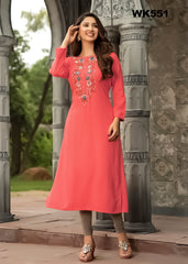WK551 - Bright Peach Kurti with thread embroidery