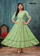 WK569 - Patel Green soft linen cotton Anarkali long Kurti