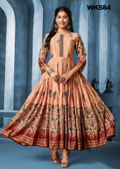 WK584 - Soft satin silk floral digital printed Anarkali Kurti